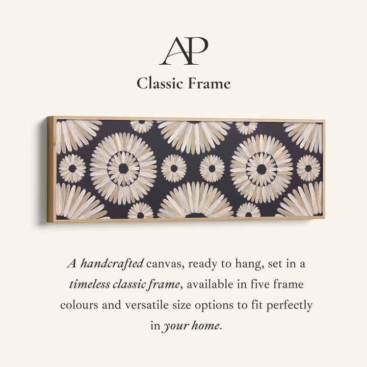 Corner detail of the Modern Boho Mandala Pattern Horizontal Wall Art for Bedroom canvas in a classic frame