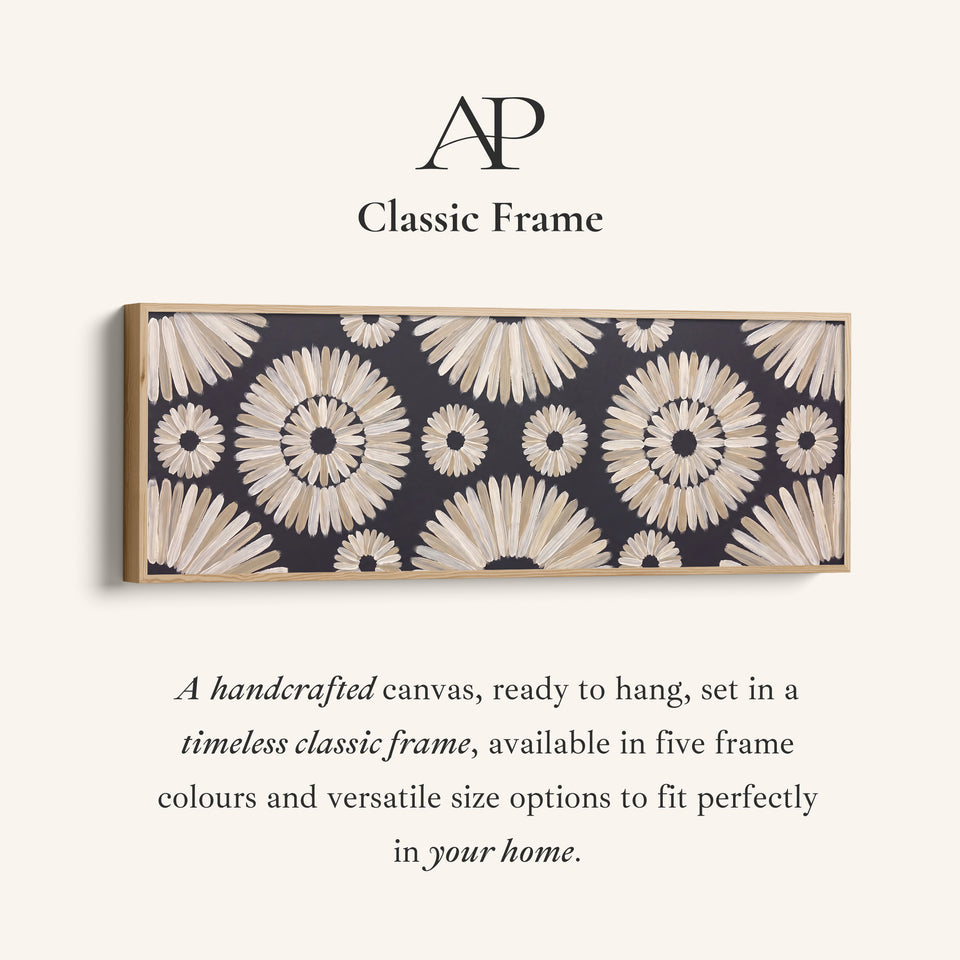Corner detail of the Modern Boho Mandala Pattern Horizontal Wall Art for Bedroom canvas in a classic frame