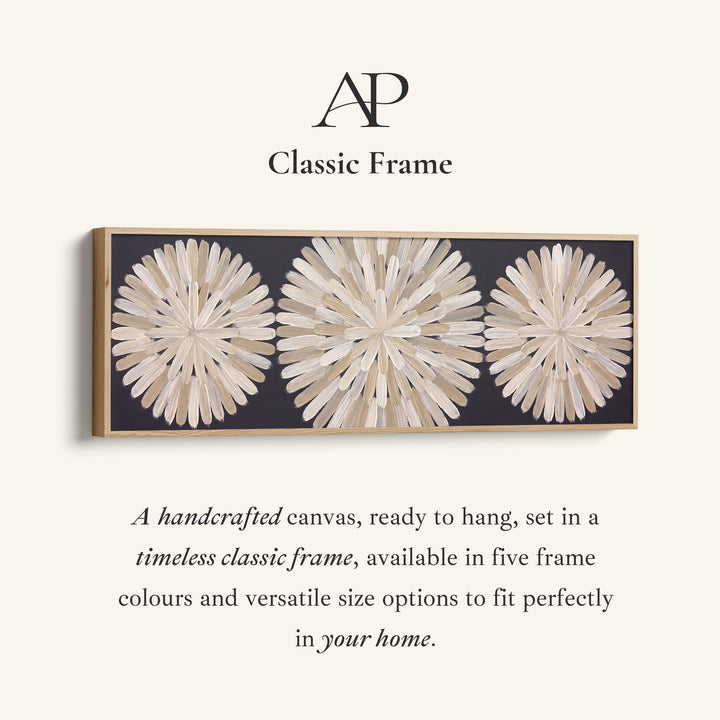 Corner detail of the Hallway Wall Art Long Horizontal Three Brushstroke Medallions canvas in a classic frame