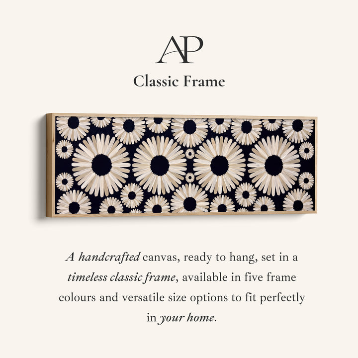 Corner detail of the Long Wall Art Navy Daisy Pattern Abstract for Office canvas in a classic frame