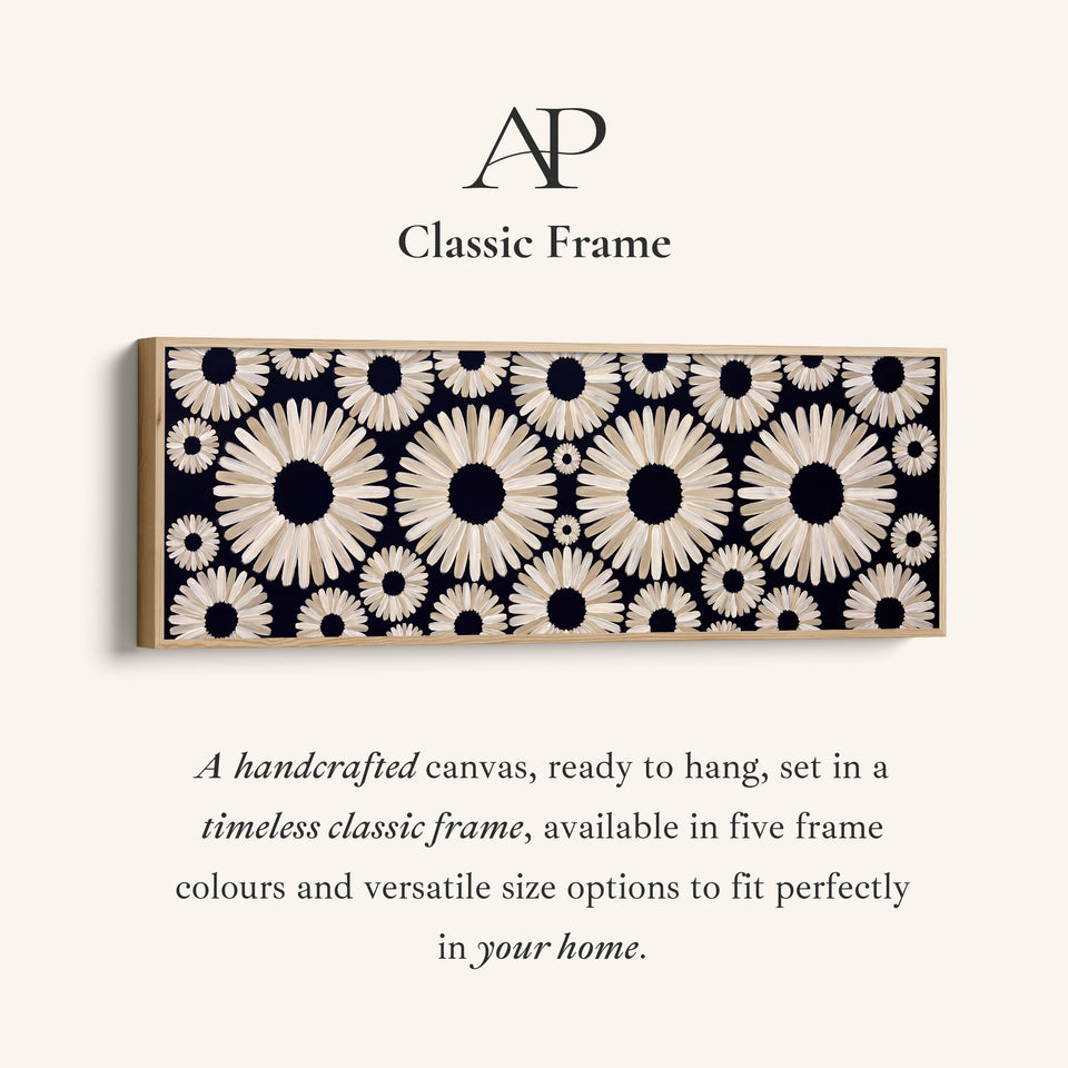 Corner detail of the Long Wall Art Navy Daisy Pattern Abstract for Office canvas in a classic frame