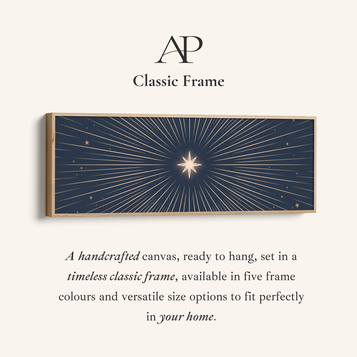 Corner detail of the Mystical Celestial North Star Long Narrow Wall Art Above Bed canvas in a classic frame