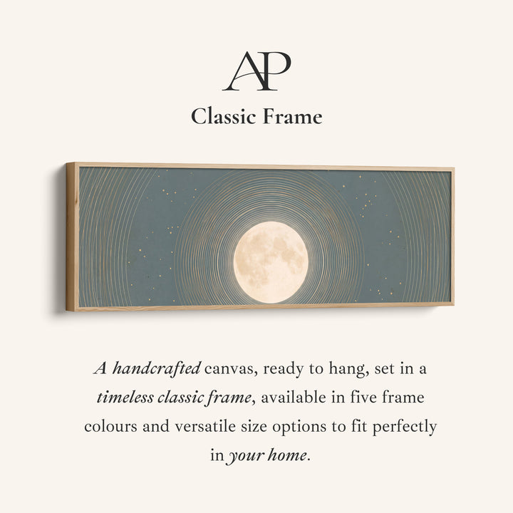 Corner detail of the Bedroom Wall Art Long Horizontal Full Moon with Celestial Rings canvas in a classic frame
