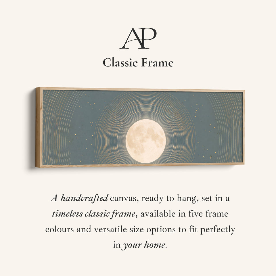 Corner detail of the Bedroom Wall Art Long Horizontal Full Moon with Celestial Rings canvas in a classic frame
