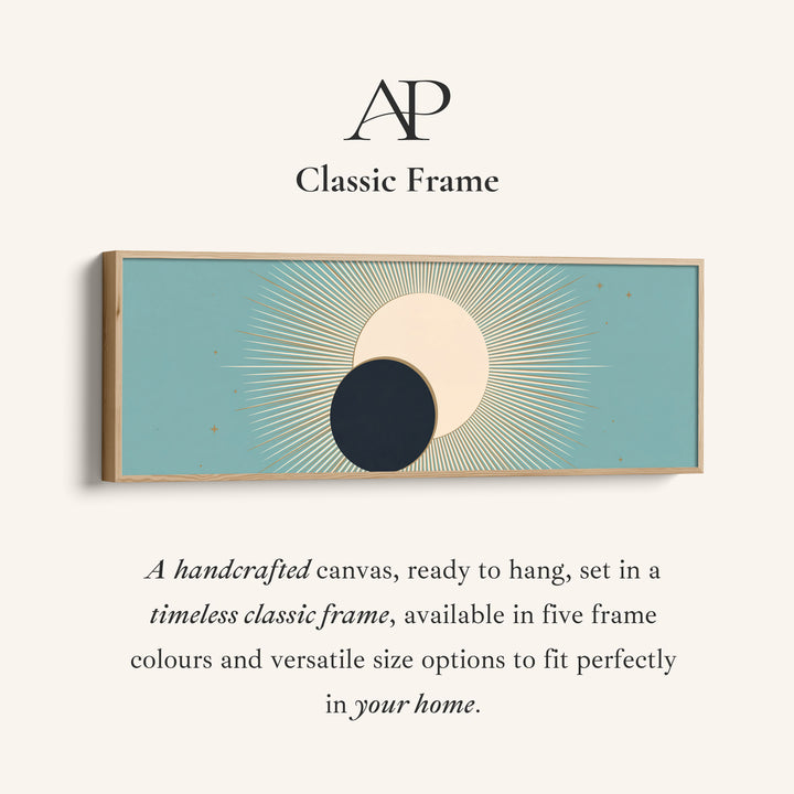 Corner detail of the Horizontal Wall Art Aqua Celestial Eclipse Sun and Moon for Living Room canvas in a classic frame
