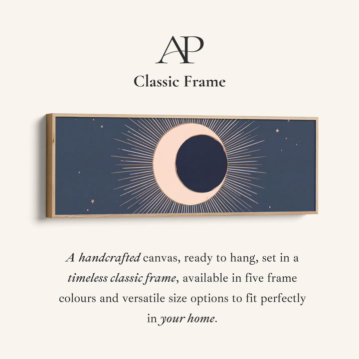 Corner detail of the Navy Crescent Eclipse Long Wall Art Large Canvas Above Bed canvas in a classic frame
