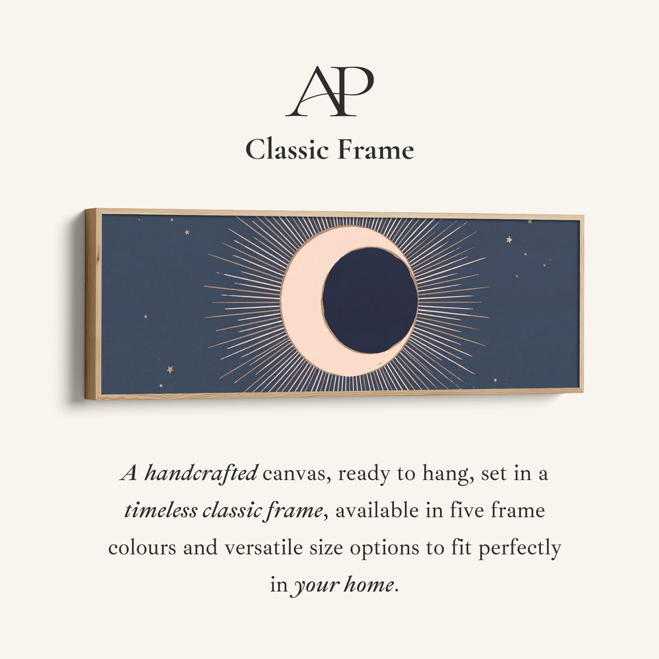 Corner detail of the Navy Crescent Eclipse Long Wall Art Large Canvas Above Bed canvas in a classic frame