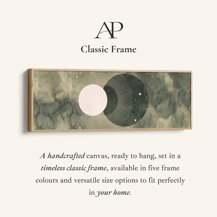 Corner detail of the Dreamy Watercolor Moon Phases Panoramic Wall Art for Bedroom canvas in a classic frame