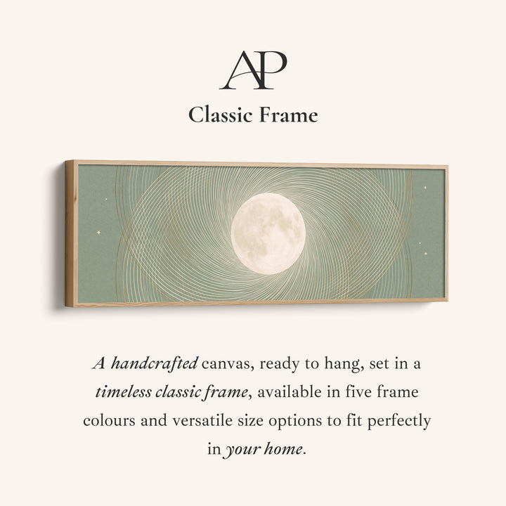 Corner detail of the Above Couch Wall Art Panoramic Sage Full Moon Celestial Canvas canvas in a classic frame