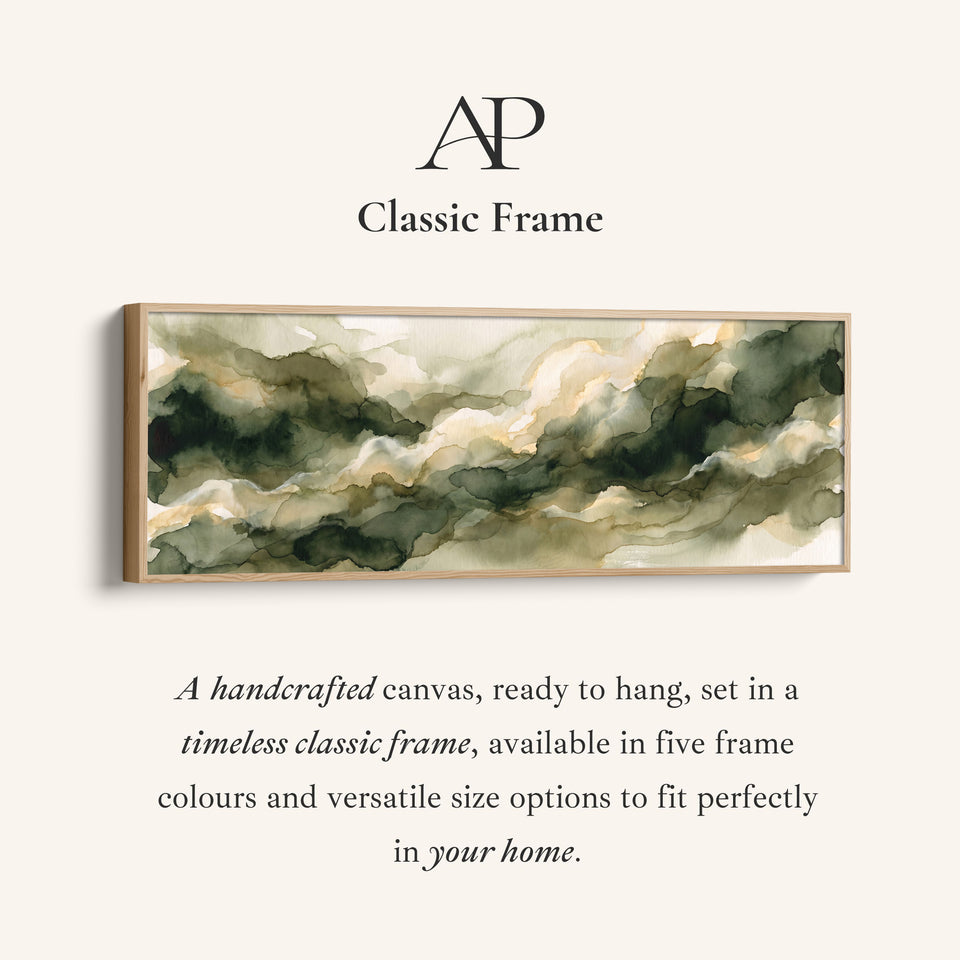 Corner detail of the Long Narrow Wall Art Sage Watercolor Clouds Abstract for Living Room canvas in a classic frame