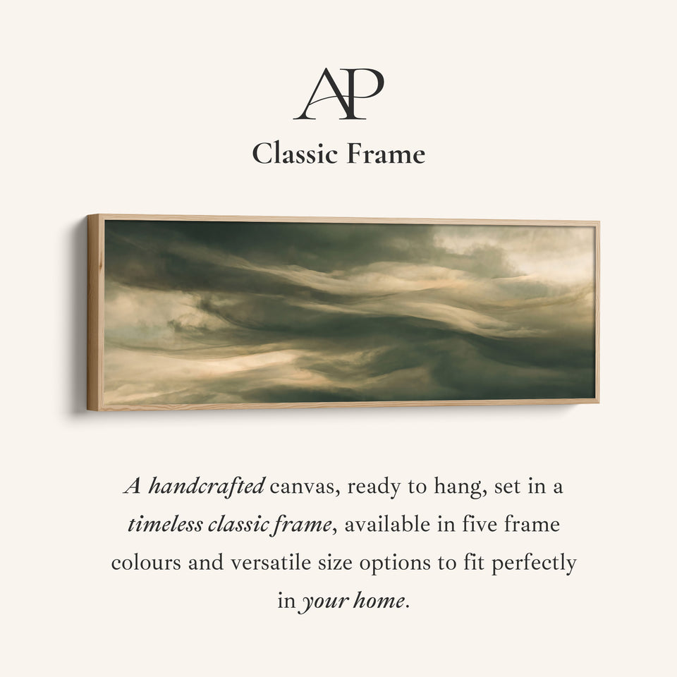 Corner detail of the Moody Swirling Clouds Horizontal Wall Art Large Canvas for Office canvas in a classic frame