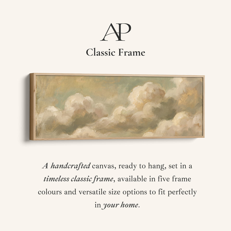 Corner detail of the Soft Romantic Cream Clouds Long Wall Art Above Bed canvas in a classic frame