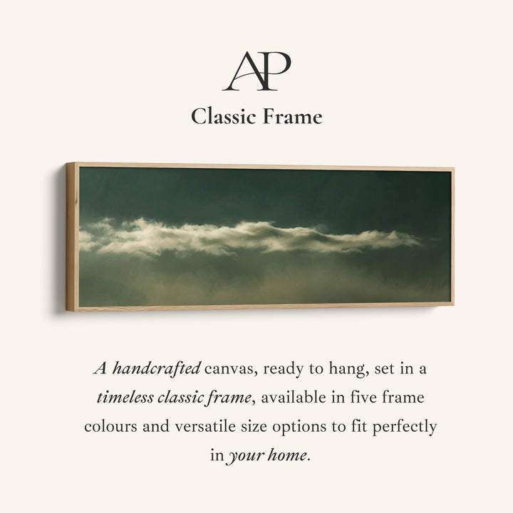 Corner detail of the Living Room Wall Art Long Narrow Cloud Band on Dark Green Minimalist canvas in a classic frame