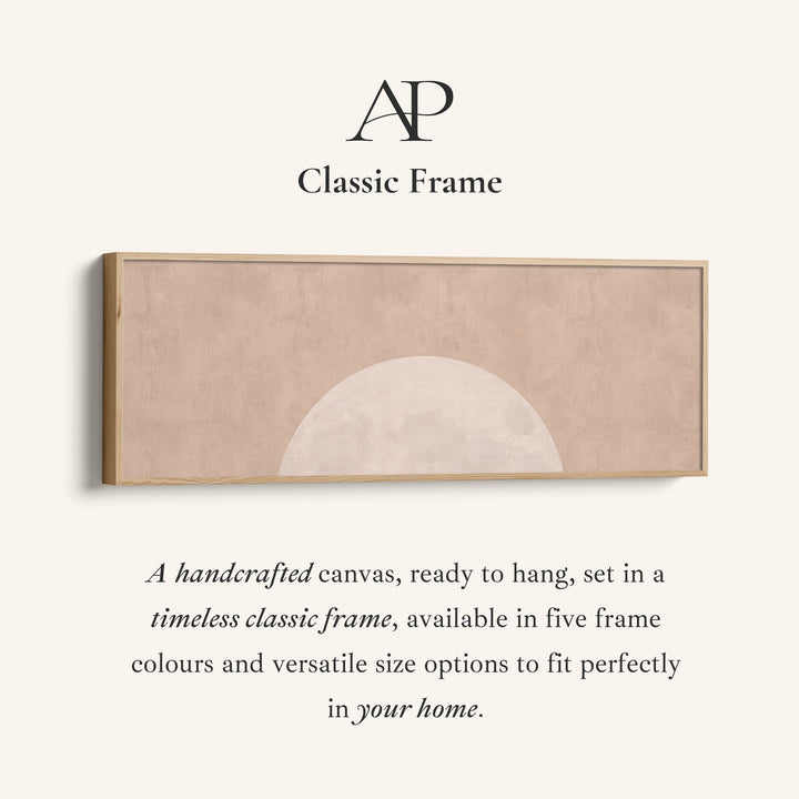 Corner detail of the Panoramic Wall Art Blush Rising Moon Minimalist for Bedroom canvas in a classic frame
