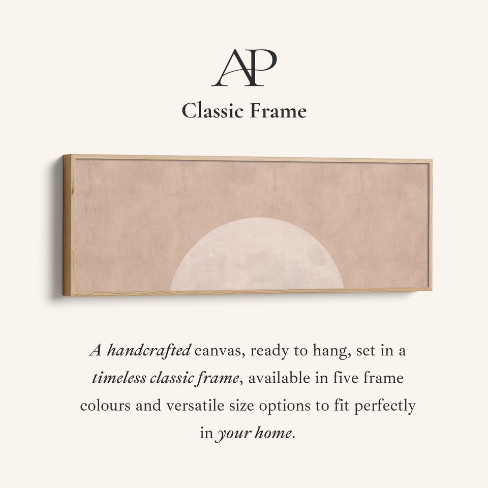 Corner detail of the Panoramic Wall Art Blush Rising Moon Minimalist for Bedroom canvas in a classic frame