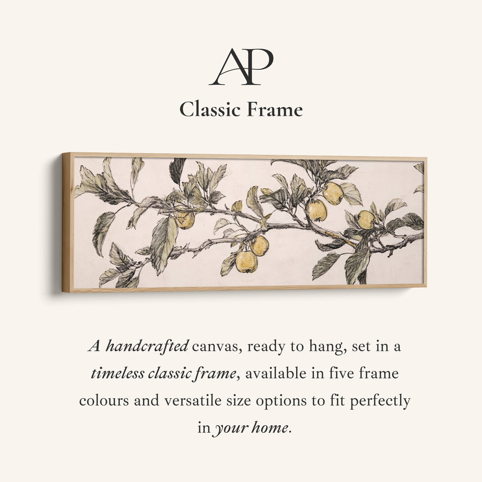 Corner detail of the Apple Branch Sketch Long Wall Art Vintage Botanical for Kitchen canvas in a classic frame
