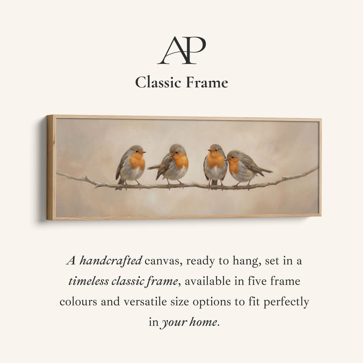 Four Robins On Branch Long Wall Art Panoramic Canvas Print Living Room