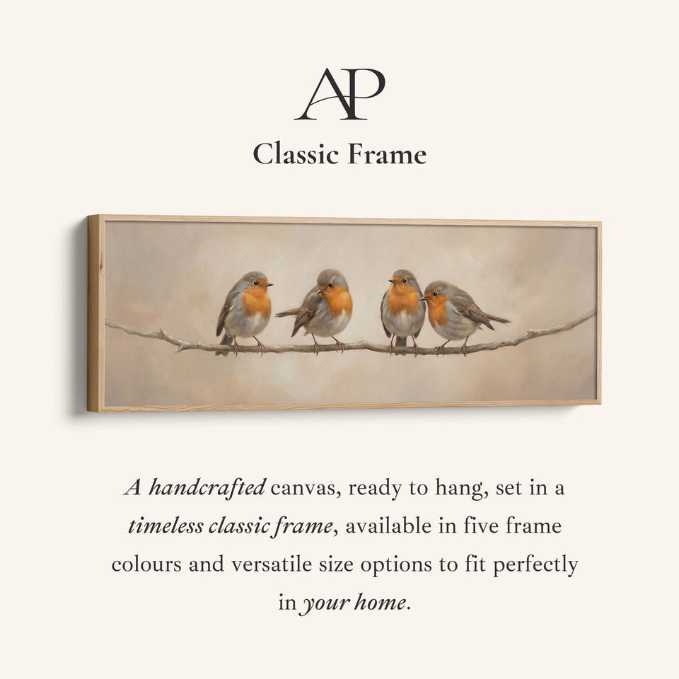 Four Robins On Branch Long Wall Art Panoramic Canvas Print Living Room