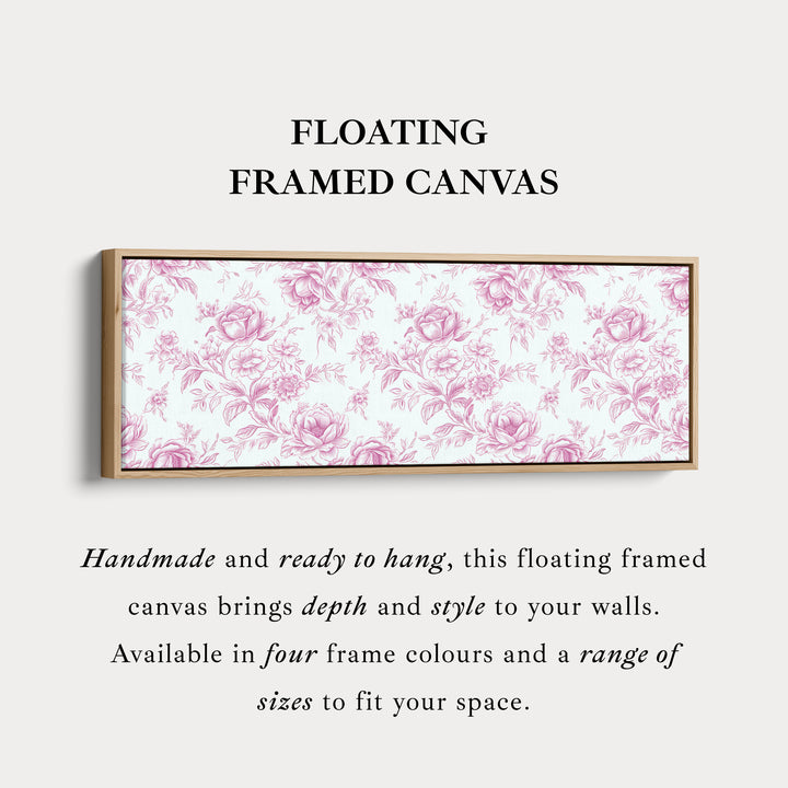 Corner detail of the Above Bed Wall Decor Vintage Pink Floral canvas in a float frame, showing depth and edge finish