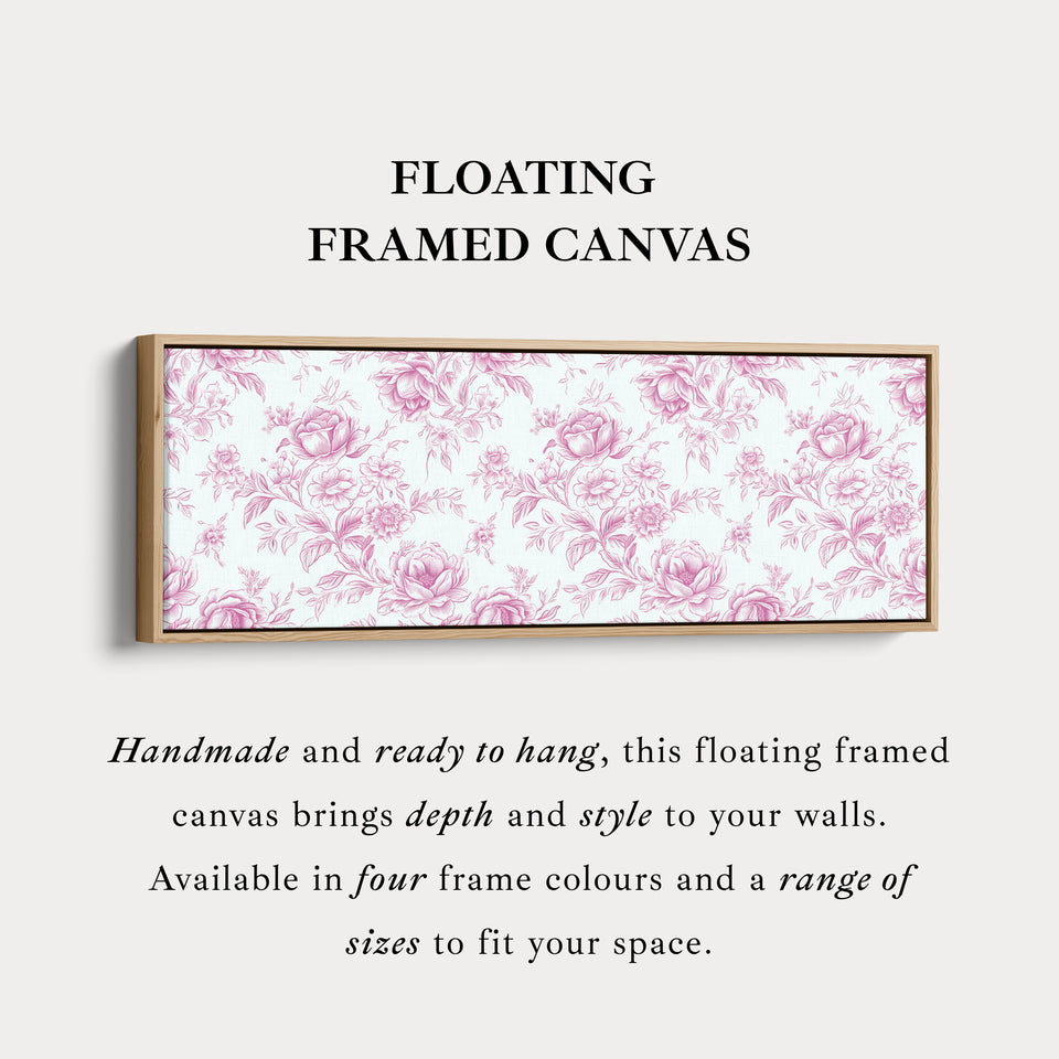 Corner detail of the Above Bed Wall Decor Vintage Pink Floral canvas in a float frame, showing depth and edge finish