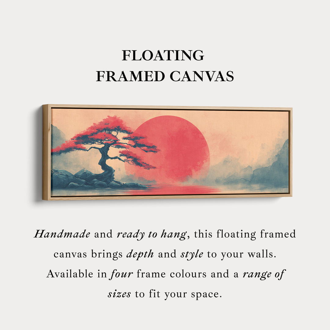 Bonsai Tree with Red Sun – Long Narrow Japanese Landscape Canvas - Japandi Wall Art