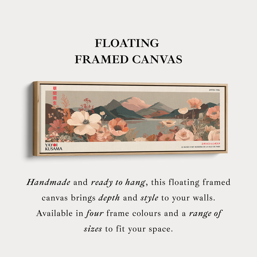 Yayoi Kusama Floral Landscape – Long Narrow Framed Canvas - Japanese Flower & Mountain Wall Art