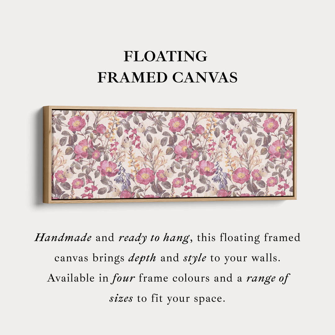 Horizontal wall art botanical floral repeat pattern with butterflies for living room or bedroom