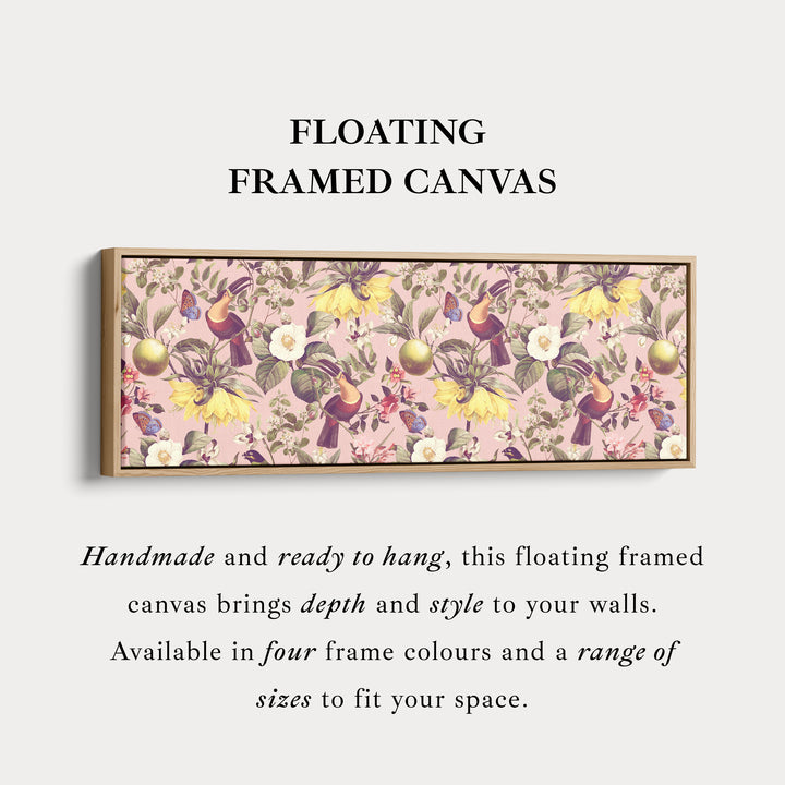 Long narrow canvas tropical botanical with toucans and citrus fruit for living room or bedroom