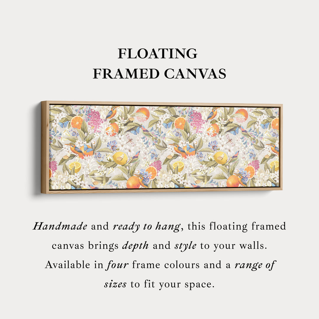 Wide wall art bright botanical with oranges butterflies and birds for living room or bedroom