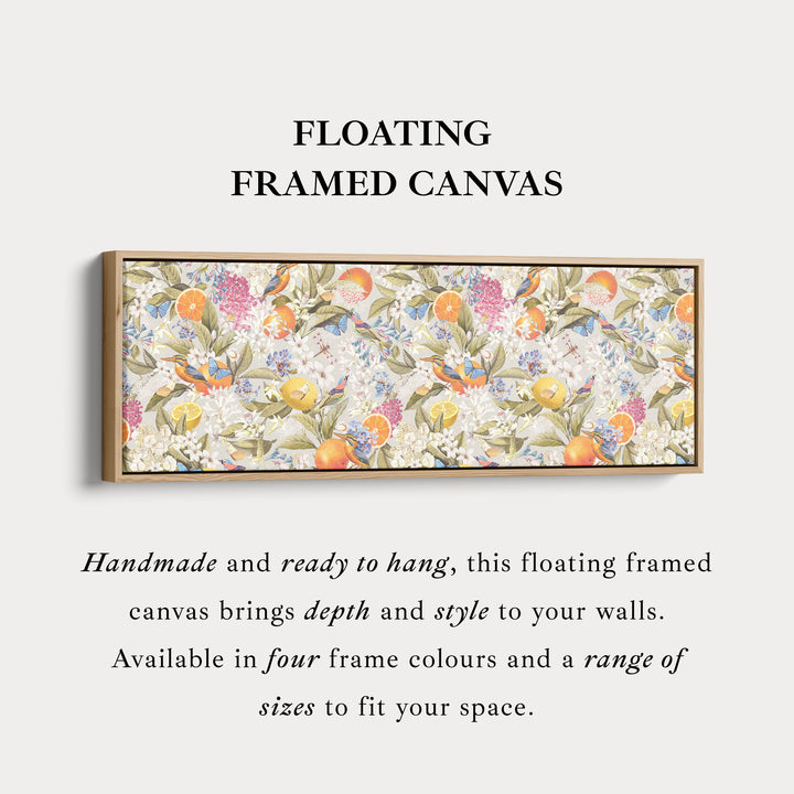 Wide wall art bright botanical with oranges butterflies and birds for living room or bedroom