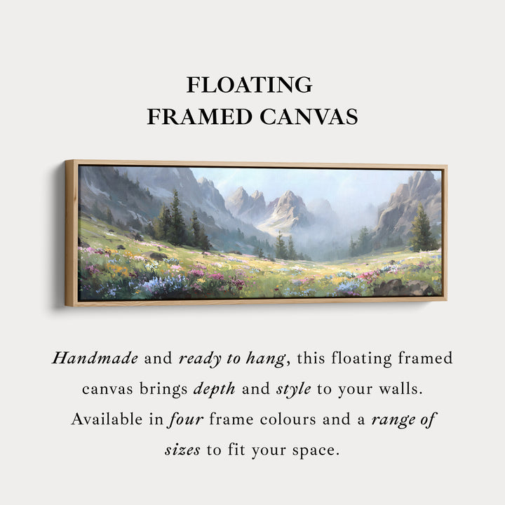 Long narrow canvas misty mountain meadow with wildflowers for living room or bedroom