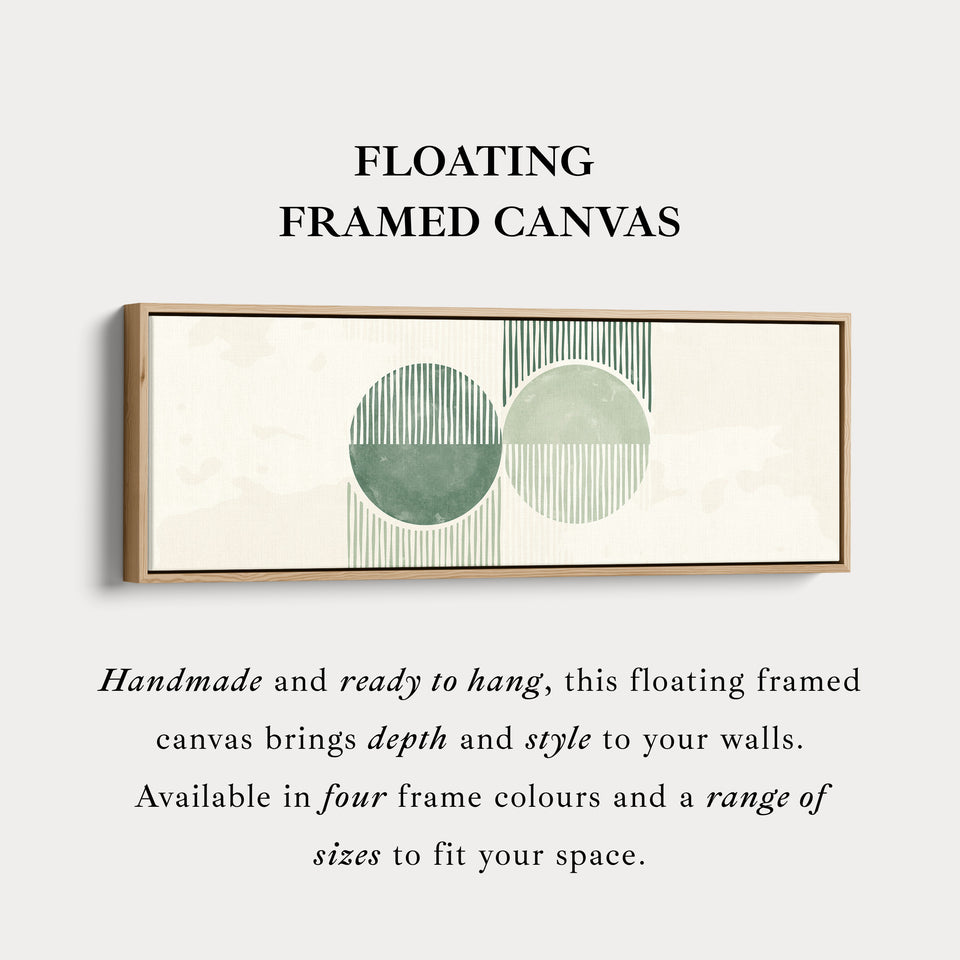 Long Framed Canvas Modern Green Circles With Textured Stripes For Living Spaces