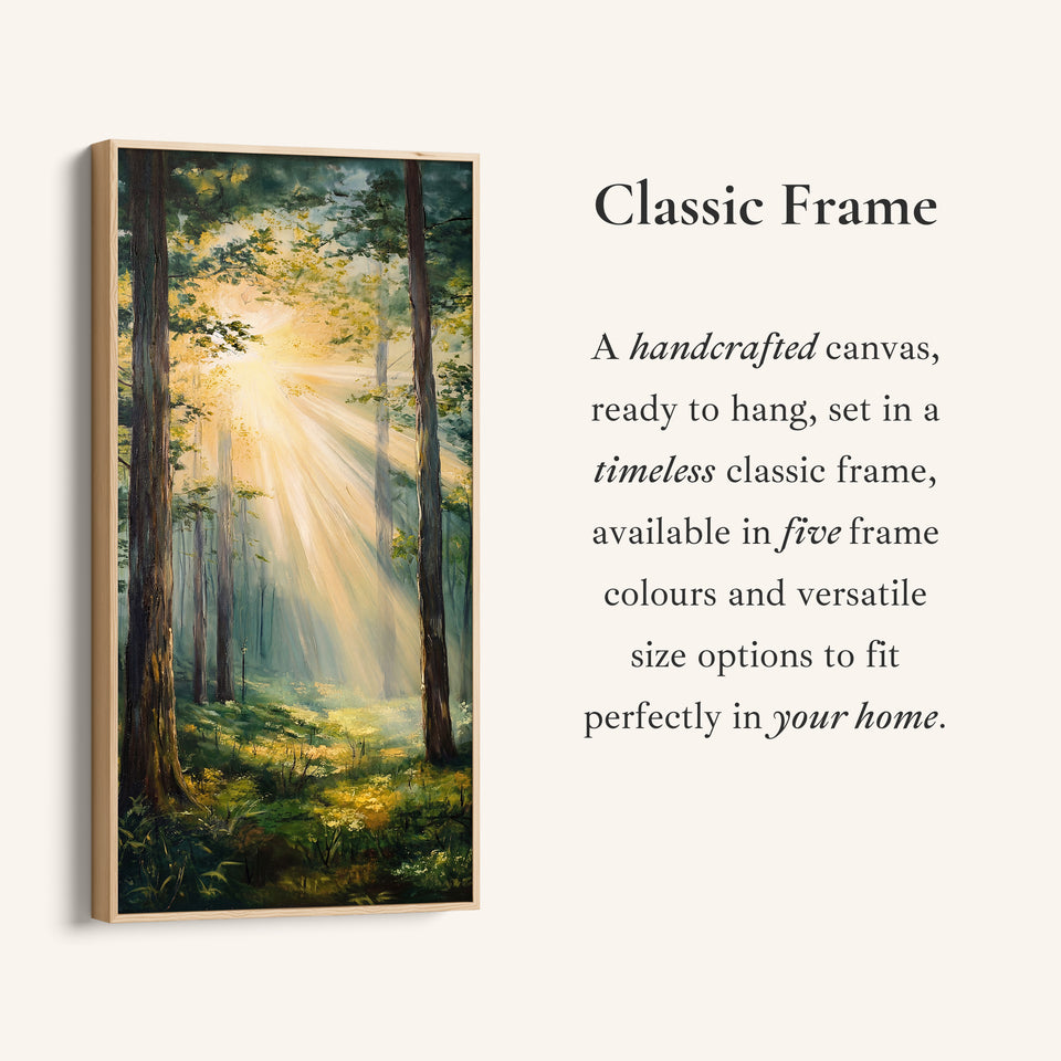 Sunlit Forest Rays Tall Wall Art Vertical Canvas For Bedroom