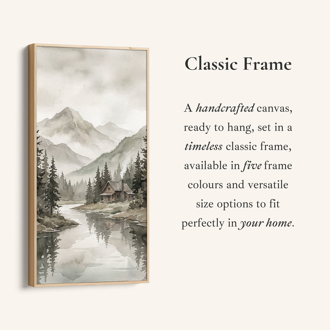Vertical Wall Art Misty Mountain Lake Cabin Tall Canvas For Living Room