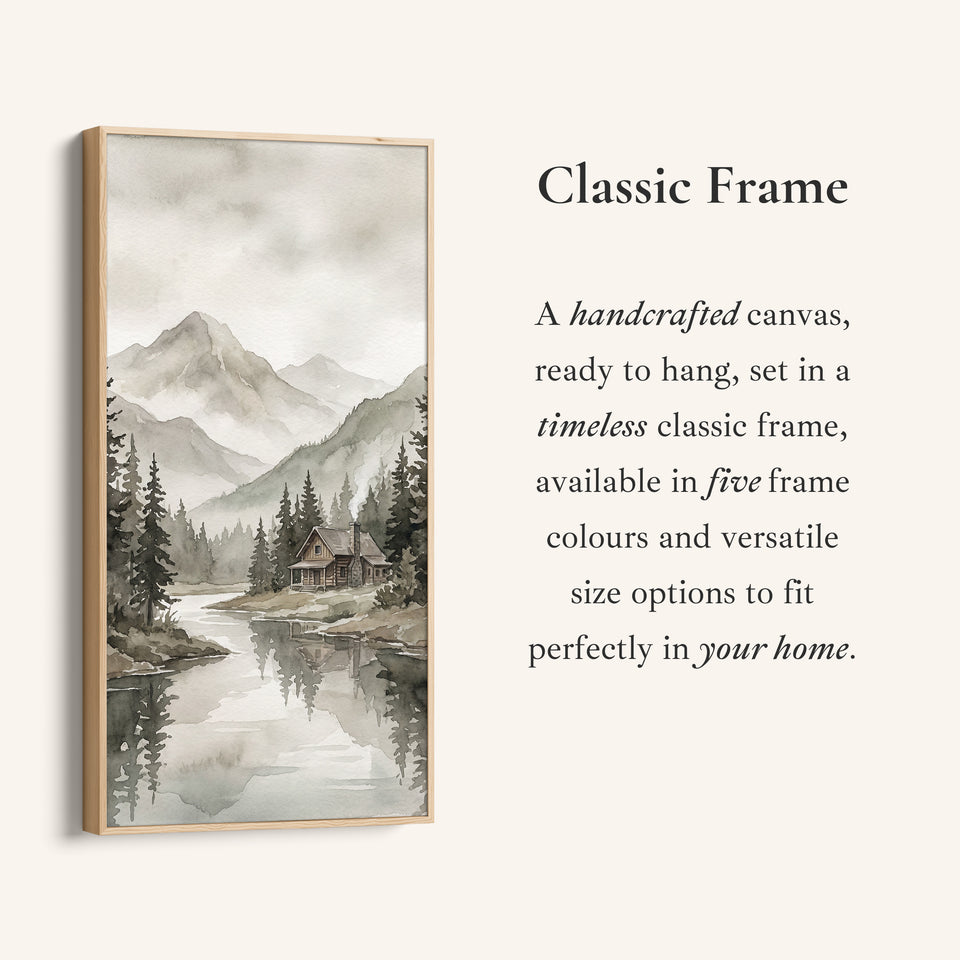 Vertical Wall Art Misty Mountain Lake Cabin Tall Canvas For Living Room