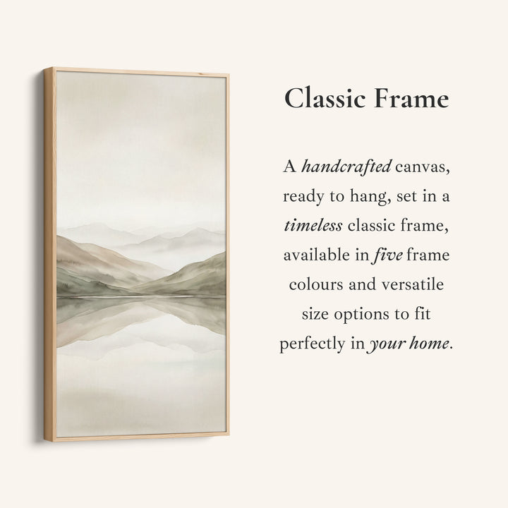 Minimal Misty Mountains Reflection Tall Narrow Canvas Framed Canvas Print For Bedroom