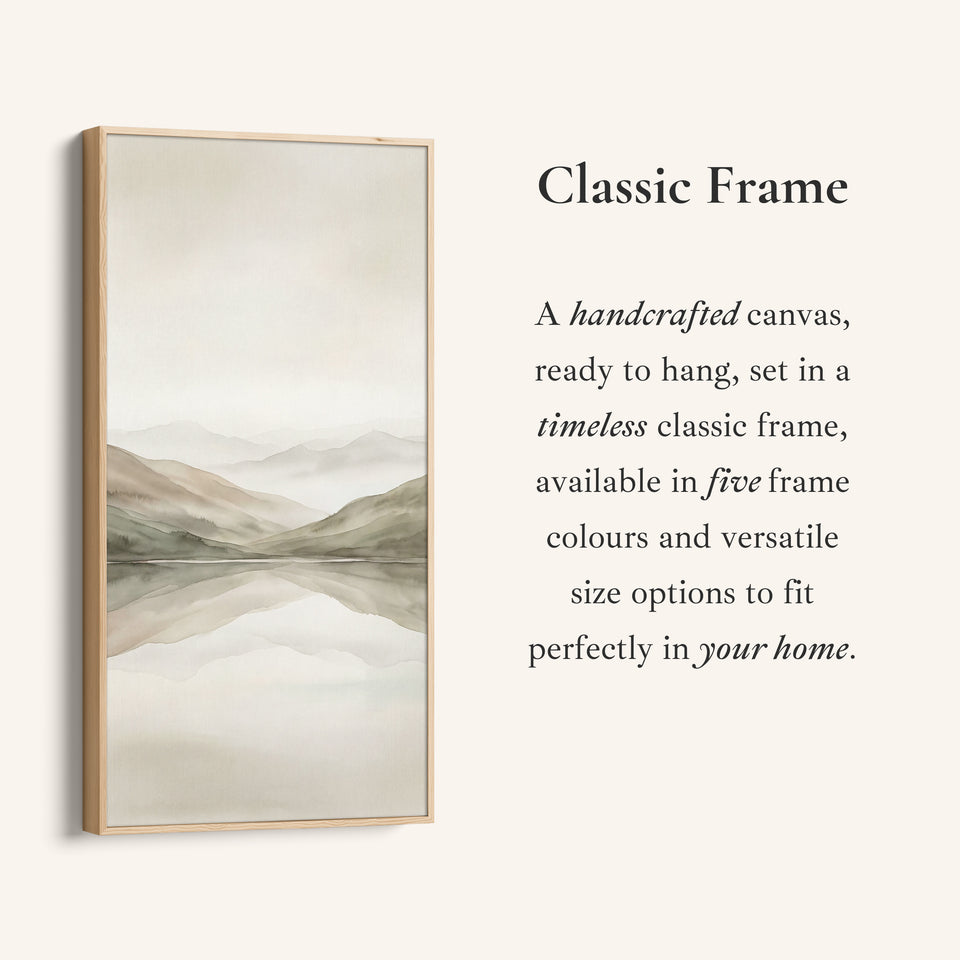 Minimal Misty Mountains Reflection Tall Narrow Canvas Framed Canvas Print For Bedroom