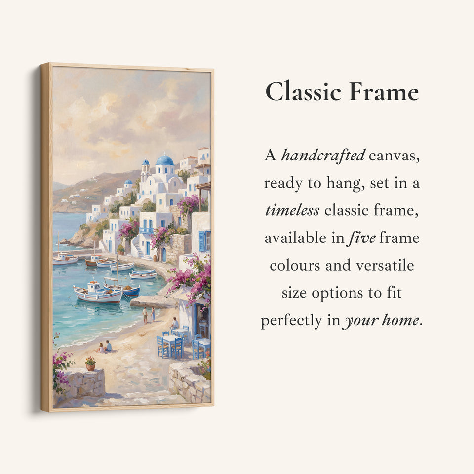 Coastal Village Harbour Boats Vertical Wall Art Framed Canvas Print For Bedroom