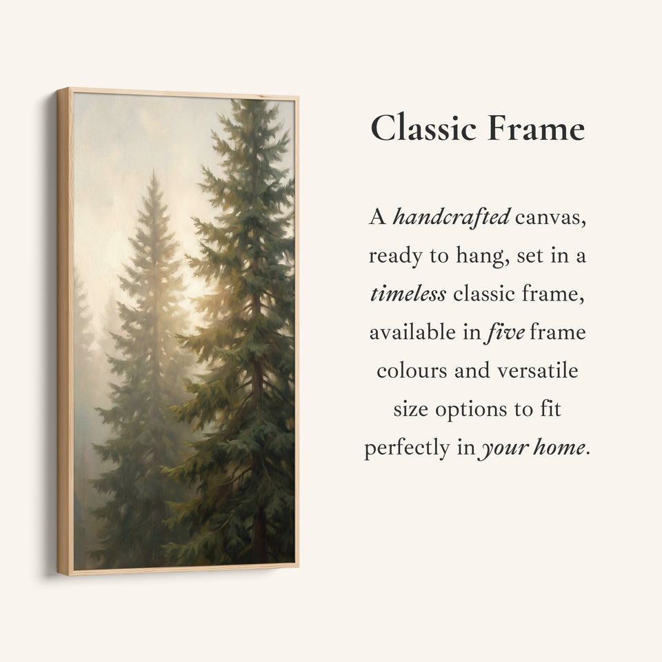 Evergreen Trees In Haze Tall Wall Art Framed Canvas Print For Bedroom