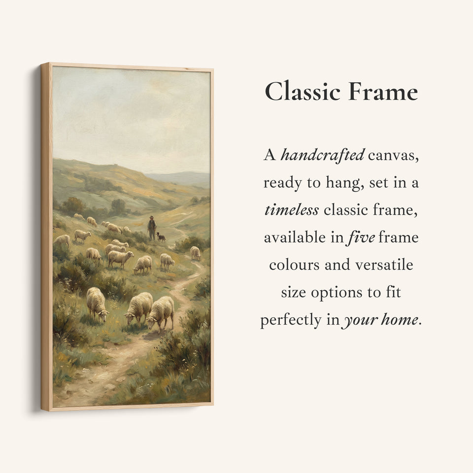 Shepherd With Sheep Hillside Vertical Wall Art Framed Canvas Print For Office