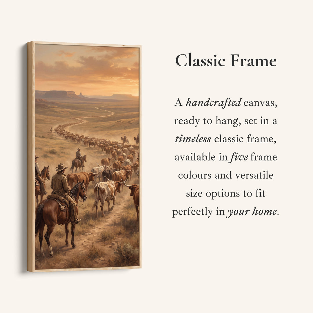 Large Vertical Wall Art Tall Framed Canvas Cattle Drive With Cowboys For Hallway
