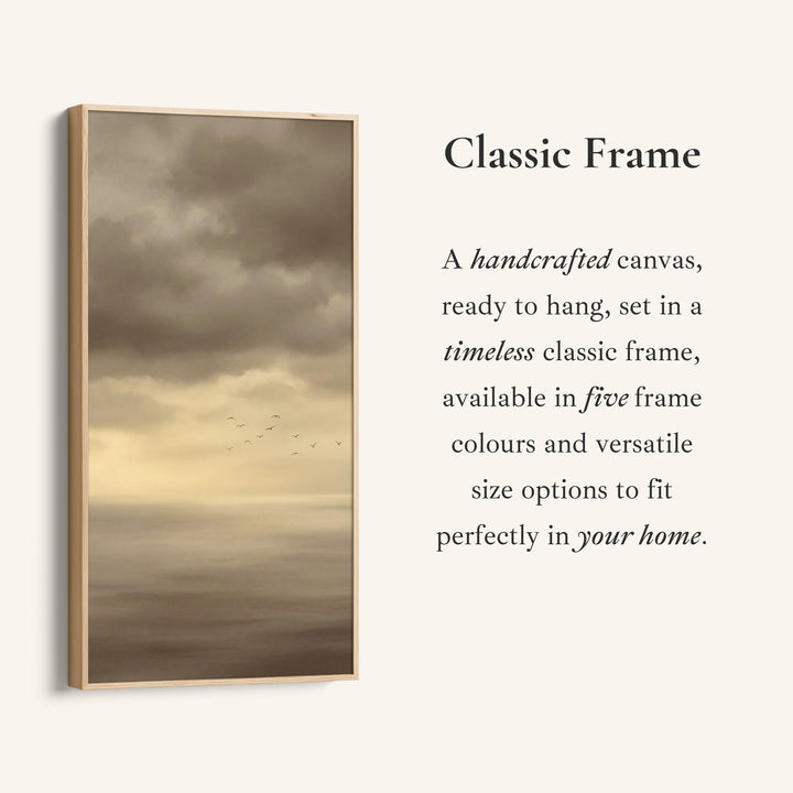 Tall Framed Canvas Foggy Seascape With Birds Tall Canvas For Living Room