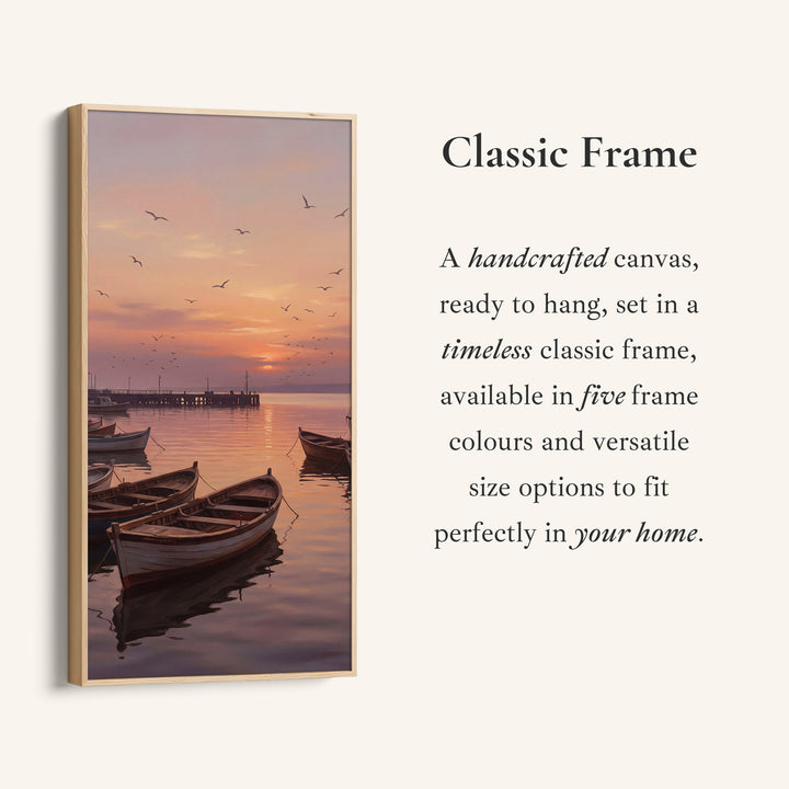 Boats Harbour Sunset Narrow Wall Art Framed Canvas Print For Bedroom