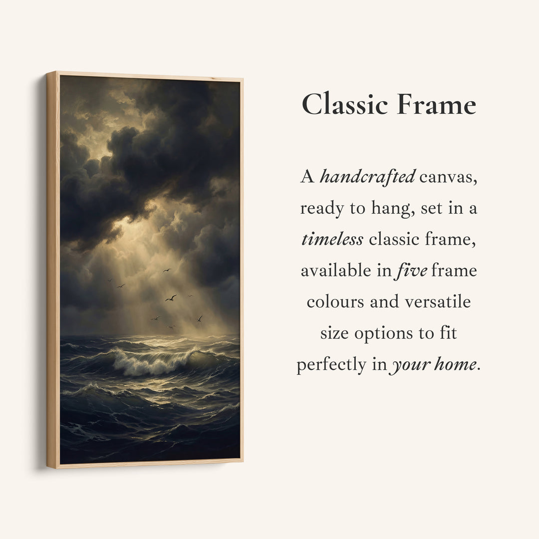 Dramatic Storm Ocean Sun Rays Tall Narrow Canvas Framed Canvas Print For Bedroom