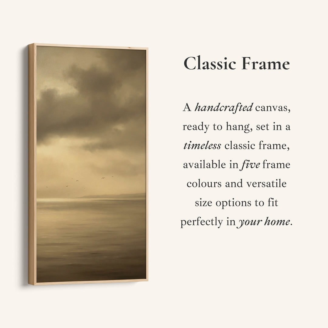 Tall Framed Canvas Muted Seascape With Birds Portrait Wall Art For Kitchen