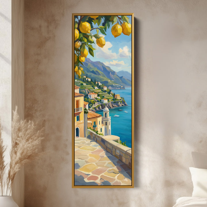 Tall Narrow Canvas Coastal Village With Lemons For Kitchen
