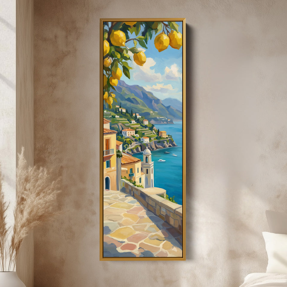 Tall Narrow Canvas Coastal Village With Lemons For Kitchen