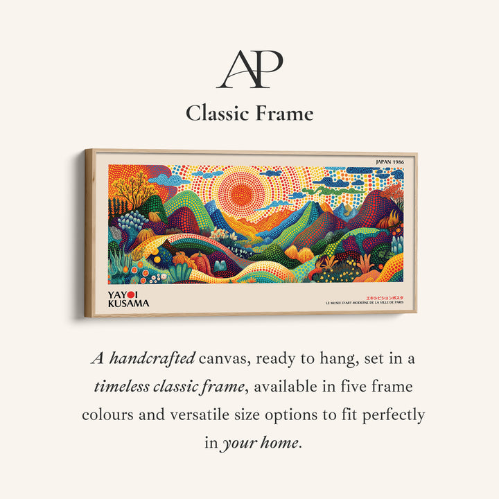 Yayoi Kusama Wide Canvas Dotted Mountain Landscape With Sun Panoramic Canvas Print For Living Room