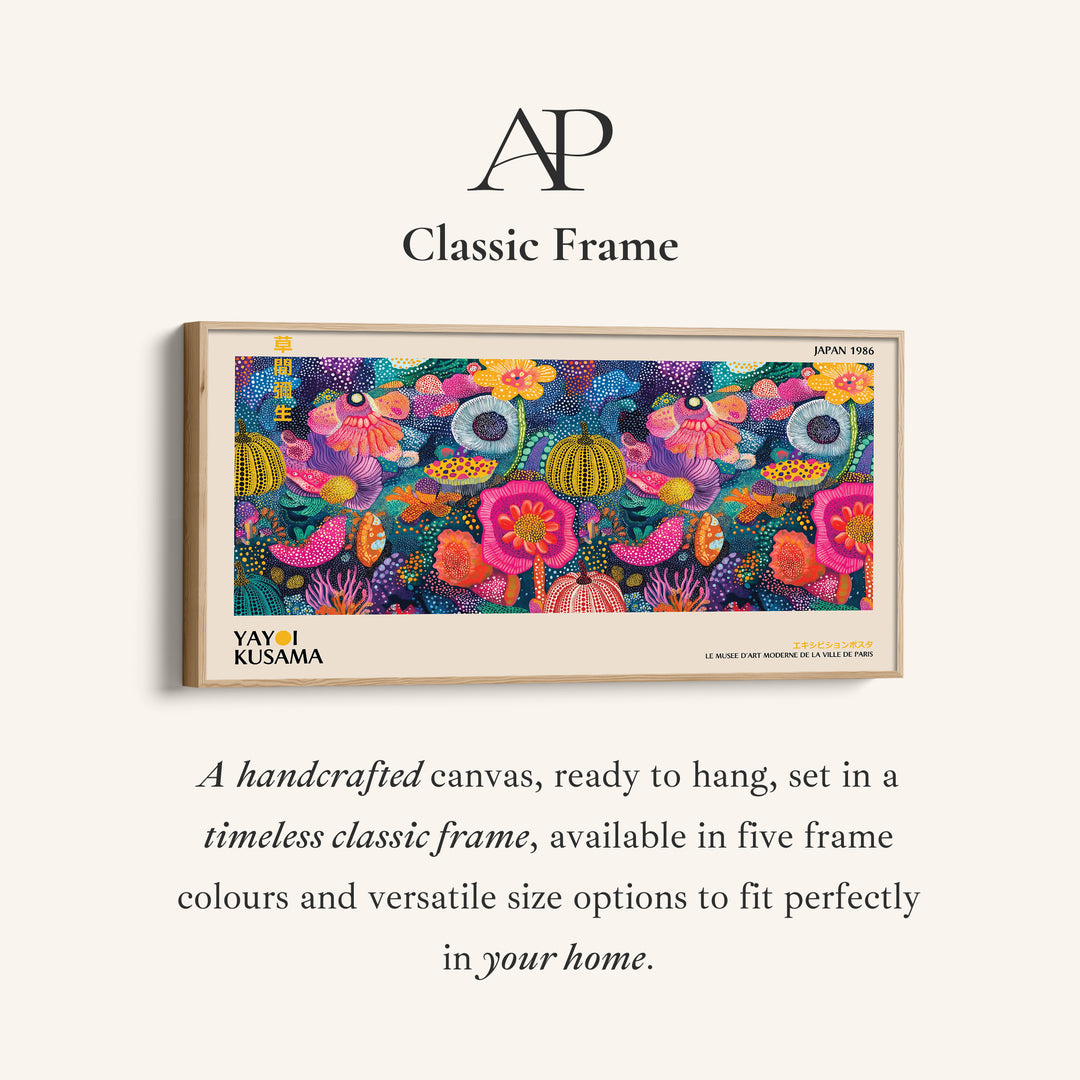 Yayoi Kusama Wide Framed Canvas Vibrant Dotted Floral Collage Extra Wide Canvas For Kitchen