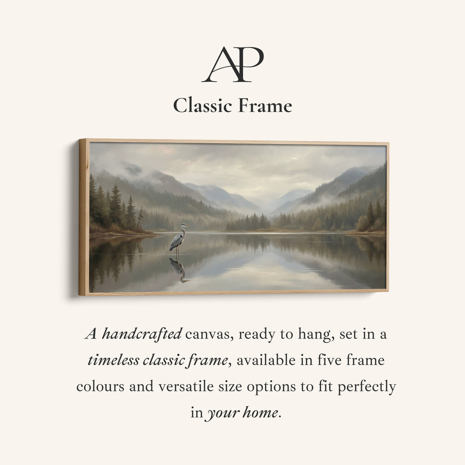 Wide Canvas Heron On Still Lake Panoramic Canvas Print For Living Room